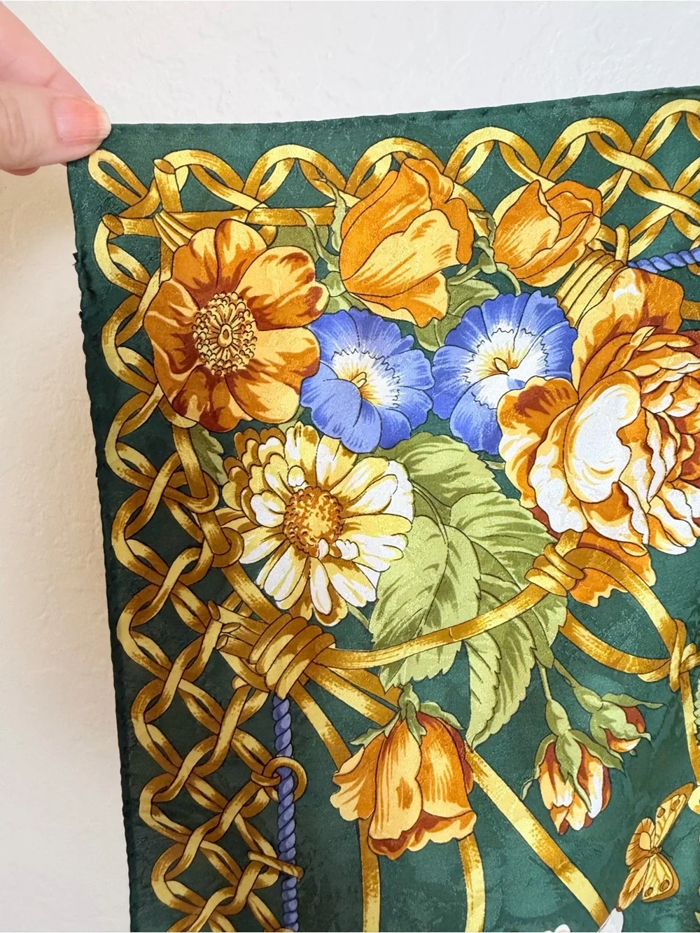 Vintage ELF Silk Floral Scarf Green Gold & Purple Chain Motif Wrap Neck Head